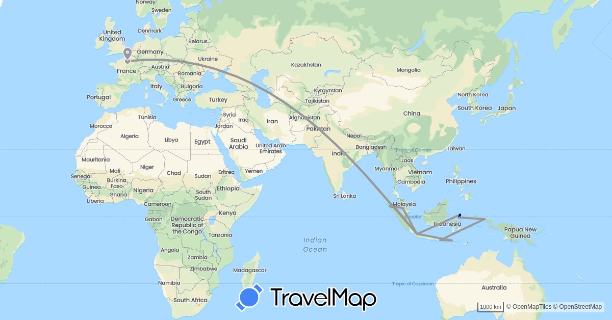 TravelMap itinerary: driving, plane in France, Indonesia, Malaysia (Asia, Europe)